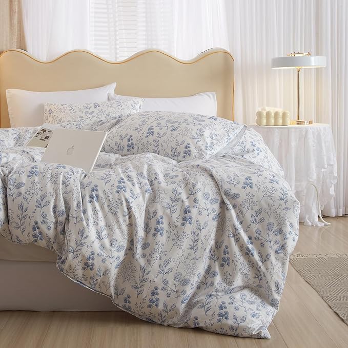 mixinni Girls Blue Flower Leaves Pattern on White Duvet Cover Twin Size Soft by mixinni