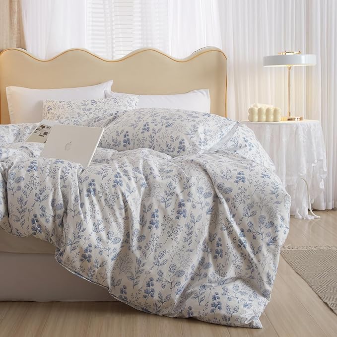 mixinni Blue Flower Duvet Cover Full Leaves Pattern 100% Cotton Full Size by mixinni