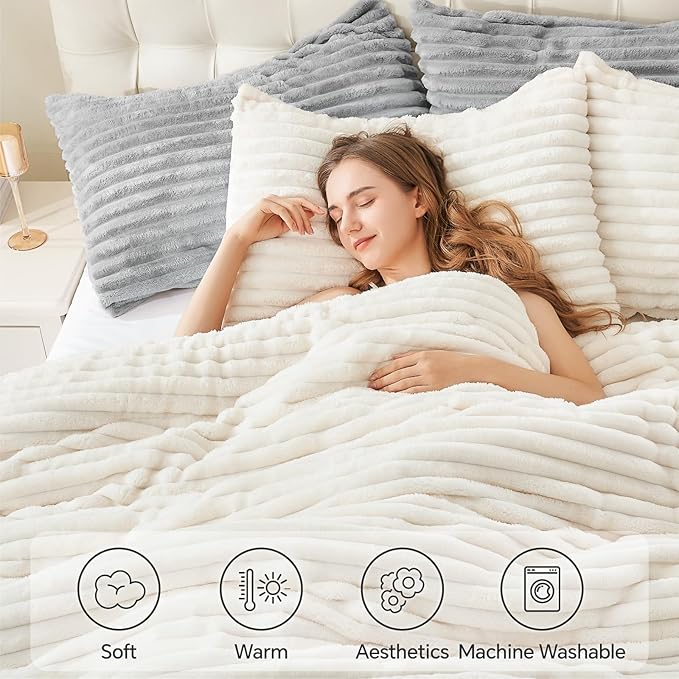 BEDELITE Fleece Twin Comforter Set -Super Soft & Warm Fluffy Cream White Bedding - Image 5