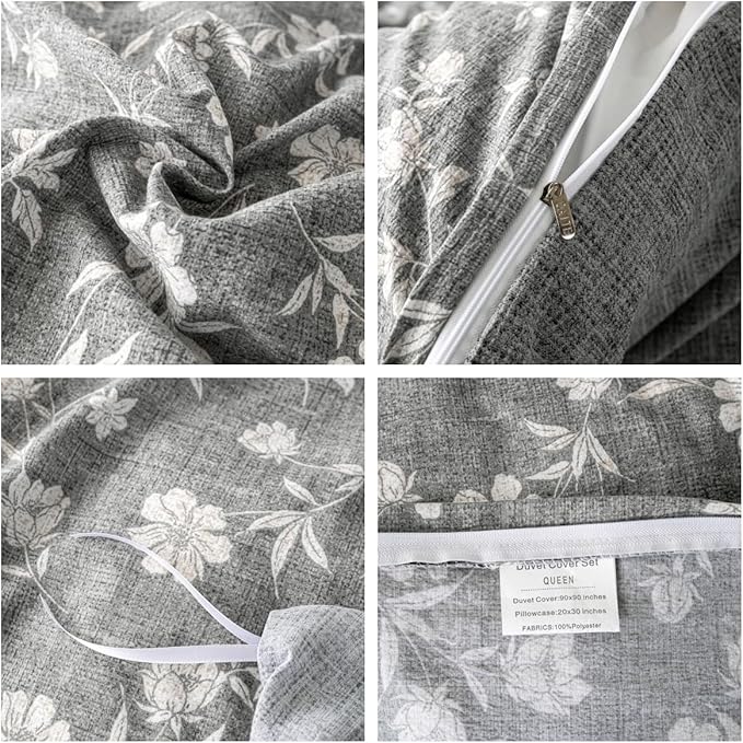 OAITE Grey Flower King Size Duvet Cover-3 Pieces Prewashed Cotton-Like - Image 4