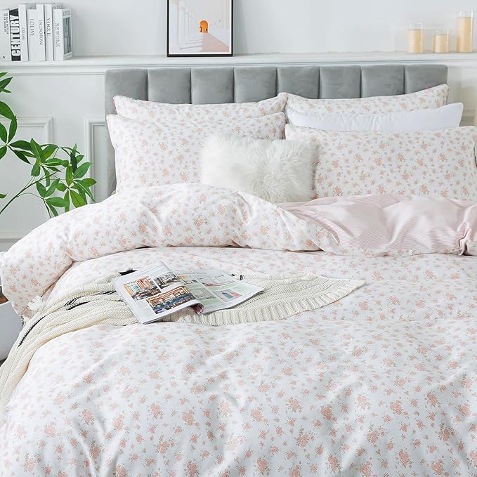 FADFAY Floral Duvet Cover Set Twin XL 100% Cotton College Bedding Pink Flower - Image 9