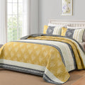 DJY Yellow Boho Quilt Set Queen Size, Striped Floral Yellow and Grey Bedspread by HOME