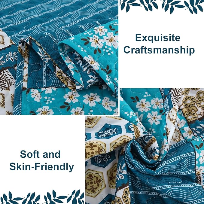 Mybedsoul Dusty Blue Quilt Set King Size, 3 Pieces Plaid Floral Bedspread Set - Image 4