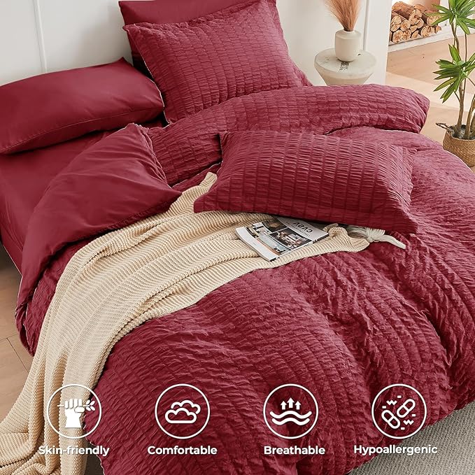 HYMOKEGE Burgundy Twin Comforter Set Seersucker 5 Pieces, All Season Luxury Bed - Image 3