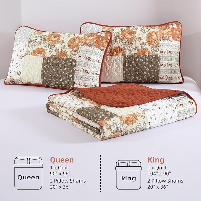 Patchwork Quilts Set King Size 3 Pieces Terracotta Plaid Bedspread Coverlet Set - Image 7