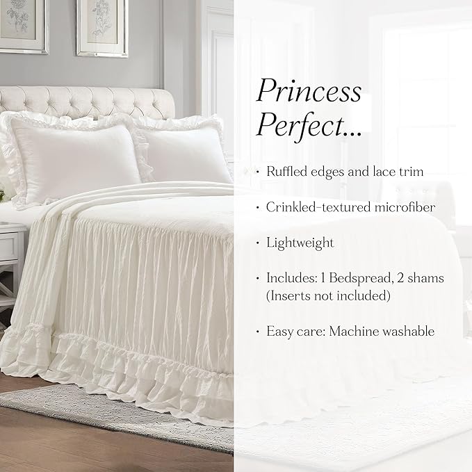 Lush Decor Ella Ruffle Lace Bedspread, 3 Piece Set, Queen, White - Cute Bed Set - Queen Bedding - White Bedding - Coquette Decor - Ruffle Trim - Lace Trim