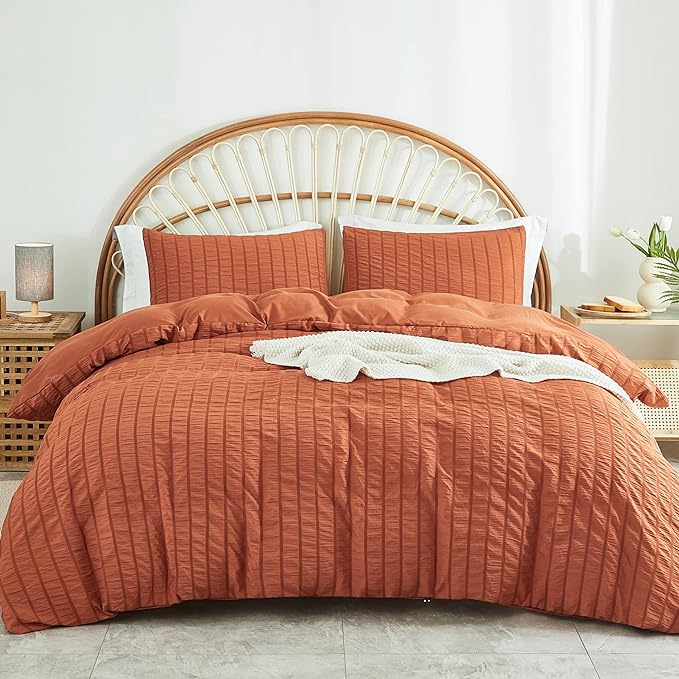 AveLom Terracotta Seersucker Duvet Cover Set King Size, 3 Pieces, Ultra Soft by AveLom