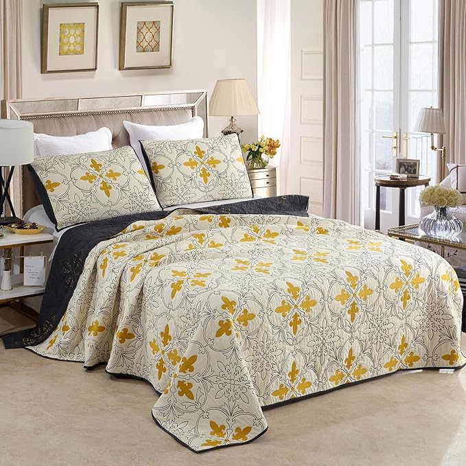 ROOMLIFE Quilt Set King Size 3D Floral Iris Embroidery Pattern 3-Piece Cotton by ROOMLIFE