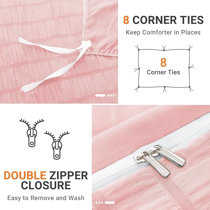 HYMOKEGE Pink Duvet Cover King Size, Ultra Soft 3-Piece Seersucker Duvet Cover - Image 4