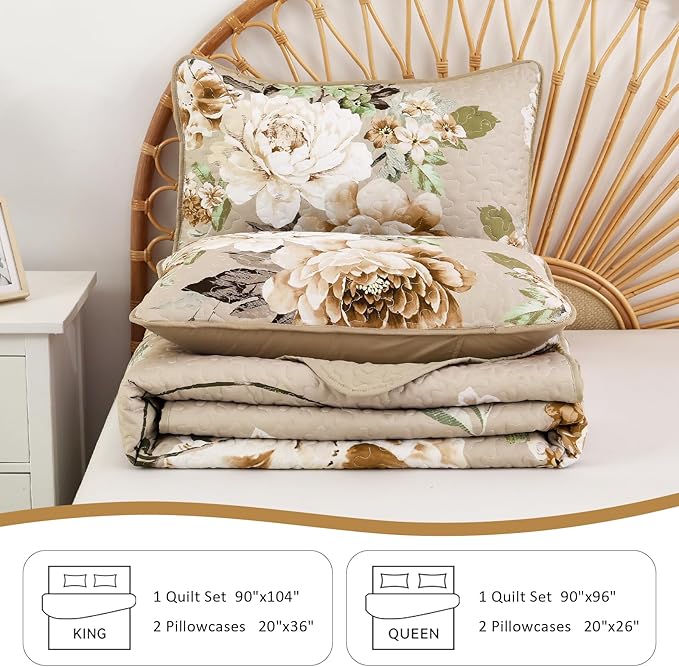 WONGS BEDDING Floral Quilt Set Khaki King, 3 Pieces Botanical Quilted Printed - Image 7