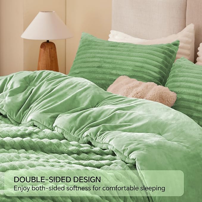 BEDELITE Fleece King Comforter Set -Super Soft & Warm Fluffy Green Bedding - Image 5