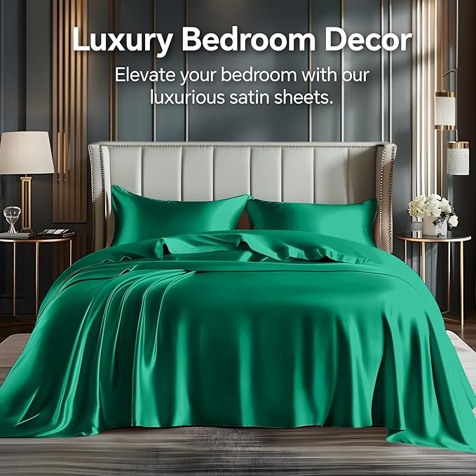 BEDELITE Satin Sheets Twin XL Size Bed Set, Luxury Soft Dark Green Sheets - Image 2