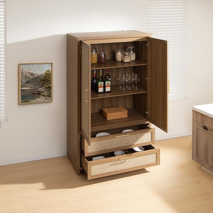 SICOTAS Rattan Armoire Wardrobe Closet Cabinet, 71" Tall Wardrobe Storage Cabinet with 2 Drawers and Hanging Rod, Boho Large-Capacity Deep Armoire Clothes Organizer for Bedroom, Cloak Room, Oak