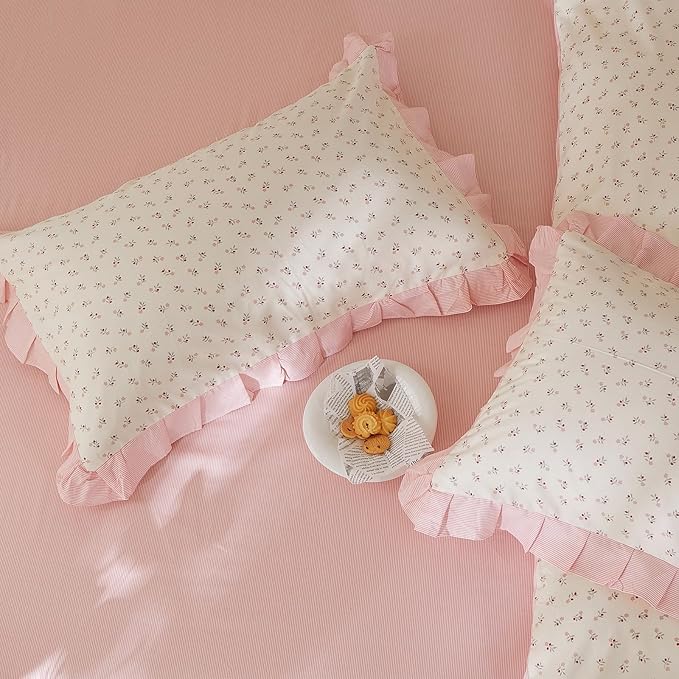 mixinni Pink Floral Duvet Cover Set Twin Size – 100% Cotton Ruffle Lace Bedding - Image 5