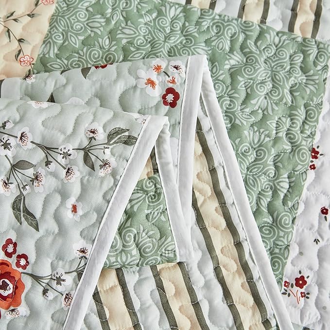 Patchwork Quilt Set Twin Size, 2 Pieces Green White Floral Plaid Design Summer - Image 7