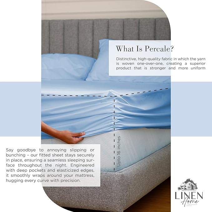Linen Home 100% Cotton Percale Sheets Full Size, Baby Blue, Deep Pocket - Image 4
