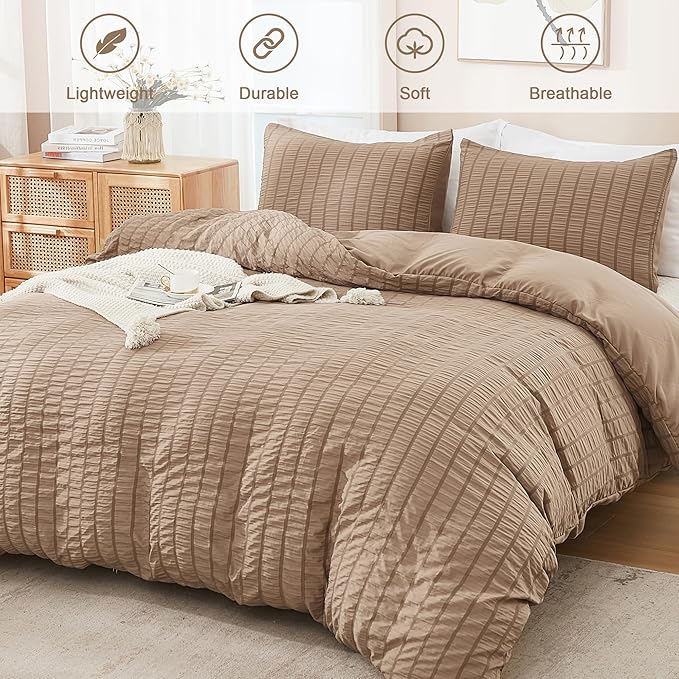 AveLom Taupe Duvet Cover King, 3 Pieces, Seersucker Striped Soft Washed - Image 2