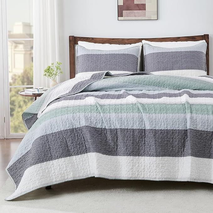 Andency Oversized King Quilt Bedding Set, 120x98Inch Sage Green Stripe by Andency