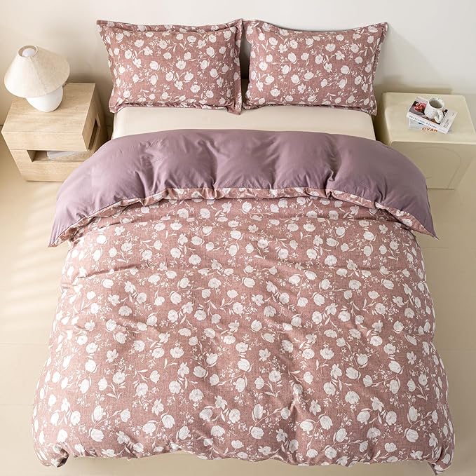 OAITE Purple Flower Queen Size Duvet Cover-3 Pieces Prewashed Cotton-Like - Image 6