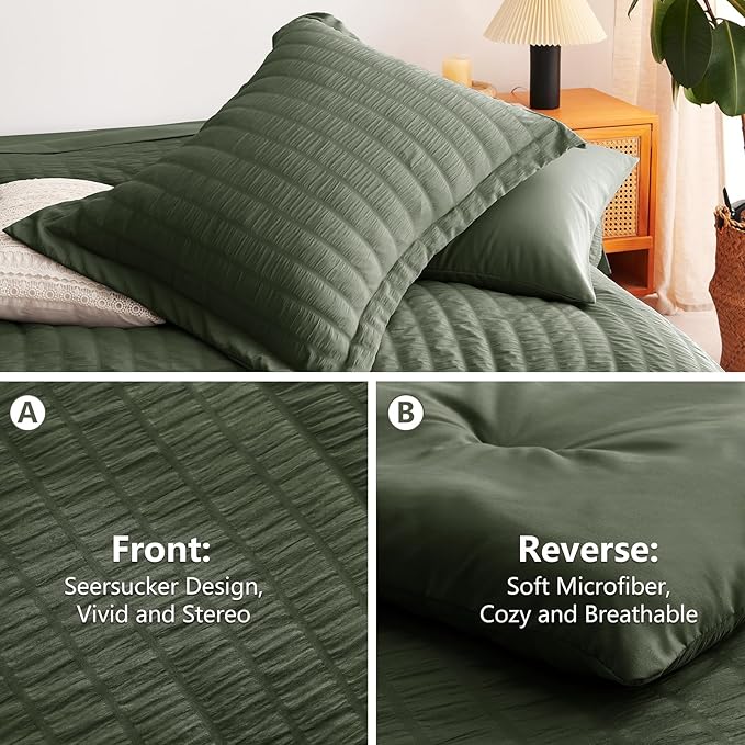 CozyLux Queen Comforter Set Dark Green Seersucker 7 Pieces Bed in a Bag Queen - Image 4