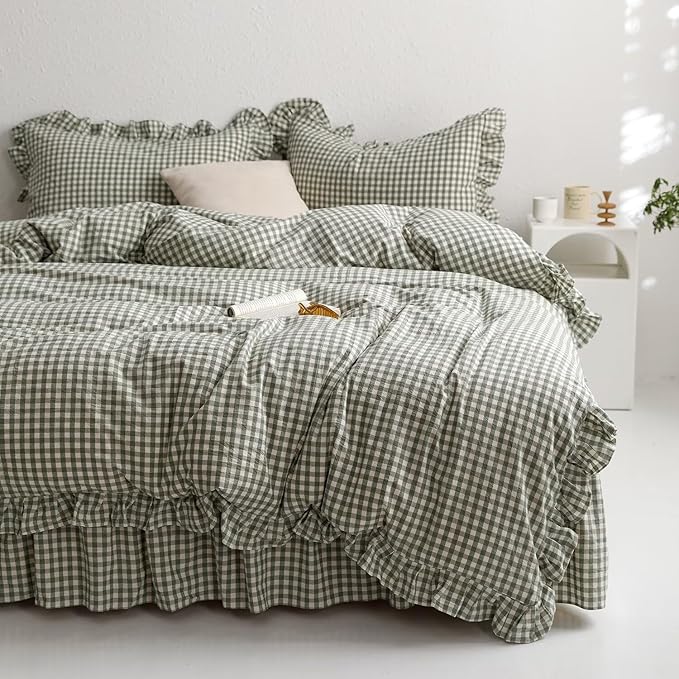 mixinni Green Gingham Ruffle Duvet Cover Queen Size 3 Pieces – 100% Washed by mixinni