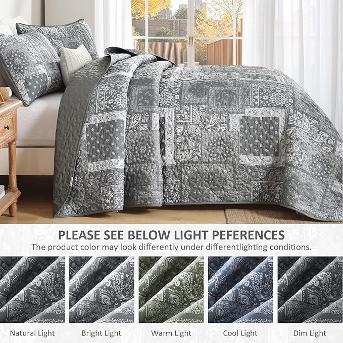 Cottolester Grey Quilt Set King Size, 3 Pieces Boho Patchwork Paisley Quilt Set - Image 5