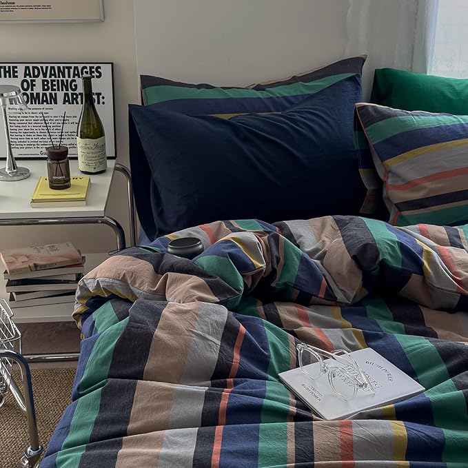mixinni Vintage Striped Duvet Cover Queen Size 100% Washed Cotton 3 Piece - Image 5