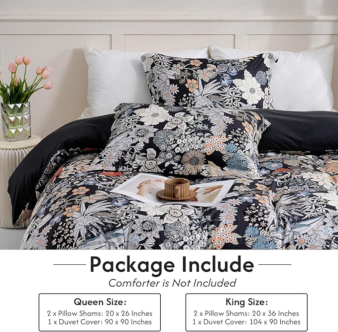 LONAVA King Flower 3 Pcs Duvet Cover Set, Breathable Soft Microfiber Black - Image 6