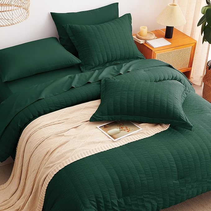 CozyLux Oversized Queen Comforter Set Emerald Green Seersucker 7 Pieces 98x98 - Image 6