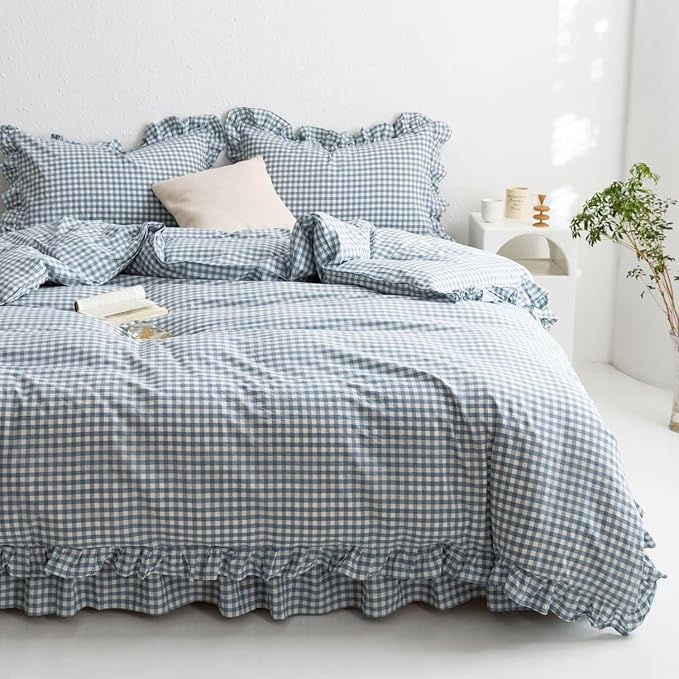MKXI Blue and White Gingham Duvet Cover Full Size, 3-Piece Bedding Set - Image 2