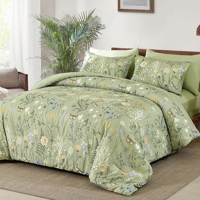 Yiran Sage Green Floral Comforter Set King Size, 7 Piece Botanical Comforter - Image 2