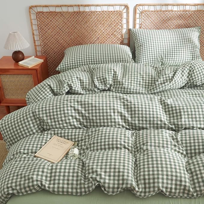 Nayoroom Gingham Duvet Cover Twin Size 100% Washed Cotton Green Plaid Checkered - Image 2