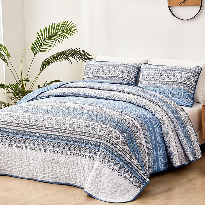 WONGS BEDDING Boho King Quilt Set, Light Blue Bohemian King Quilt Bedding Set - Image 2