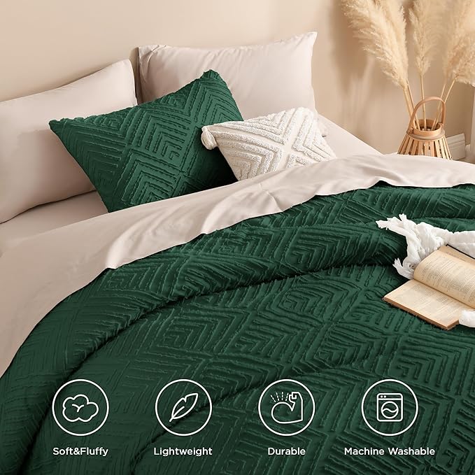 Andency Dark Emerald Green California King Comforter Set, 3 Pieces Boho Tufted - Image 4