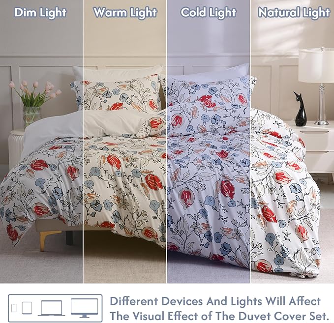 LONAVA Queen Flower 3 Pcs Duvet Cover Set, Breathable Soft Microfiber White - Image 5