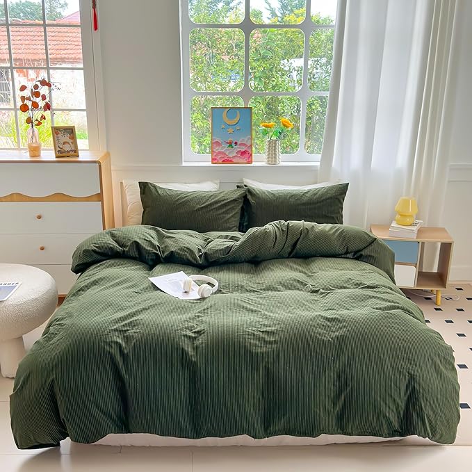 PinkMemory Green Striped Duvet Cover Queen 100% Washed Cotton Olive Green - Image 2