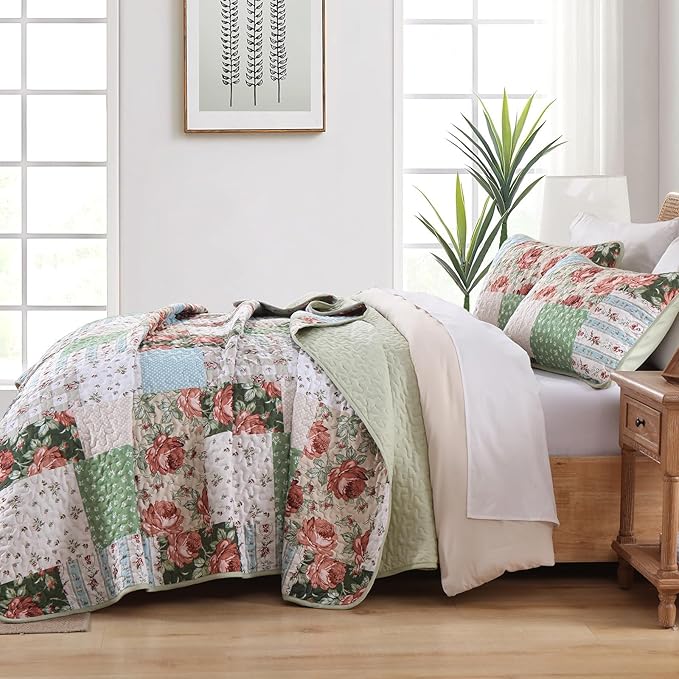 Anibedding 3 Pieces Green Patchwork Quilt Set Queen Size, Bohemian Red Flower - Image 4