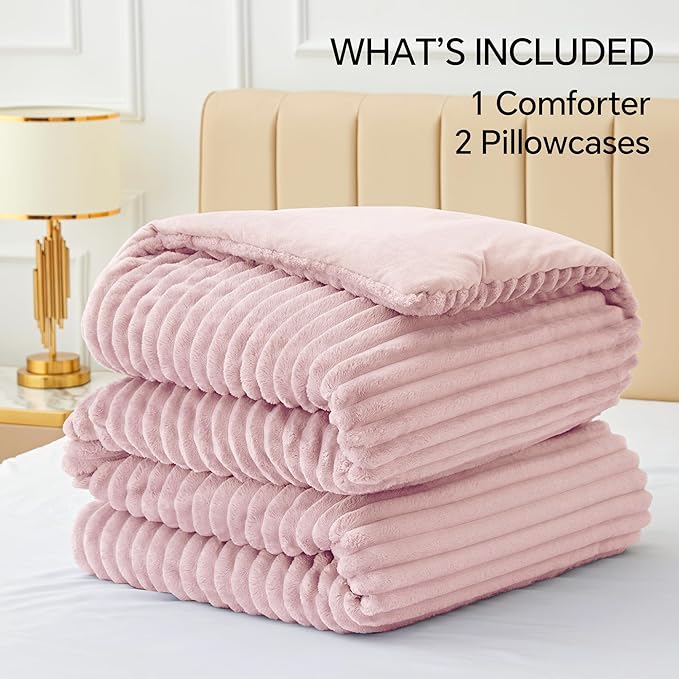 BEDELITE Fleece King Comforter Set -Super Soft & Warm Fluffy Pink Bedding - Image 7