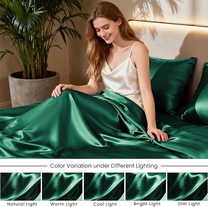 Love's cabin 4Piece California King Satin Bed Linen Set, Dark Green Silky Satin - Image 7
