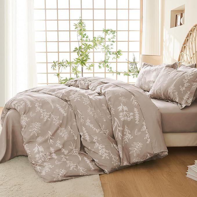 MUXHOMO Duvet Cover Full Size, Reversible Floral Taupe Duvet Cover Set - Image 2