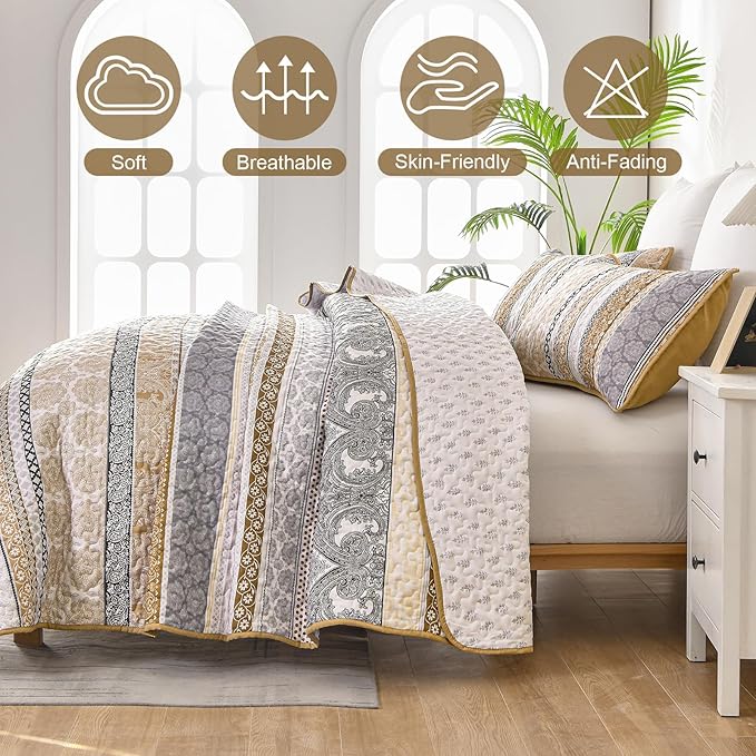 WONGS BEDDING Boho Quilt Set Queen Size, Lightweight Bedspread Coverlet Bedding - Image 4
