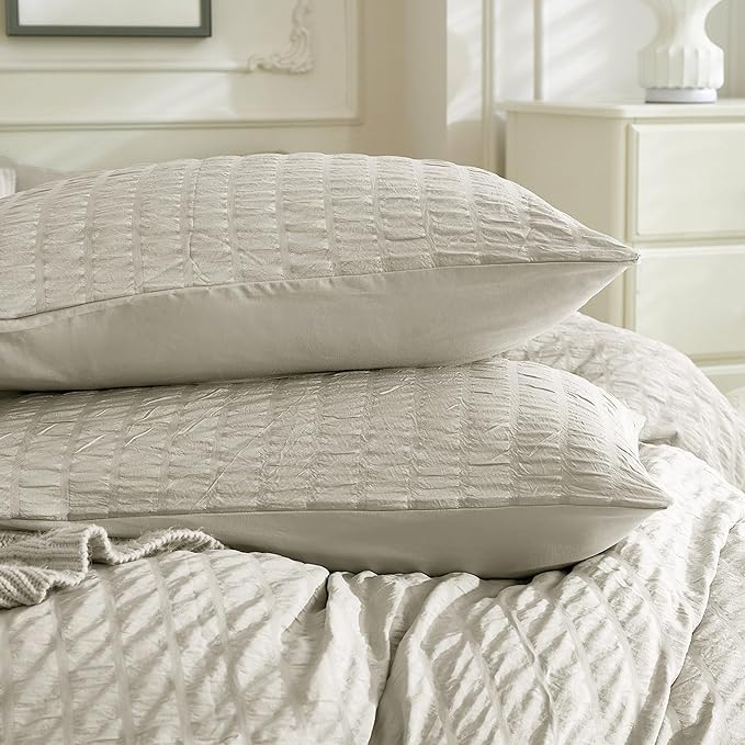 JELLYMONI Beige Duvet Cover Full Size, Soft Breathable Seersucker Duvet Cover - Image 8