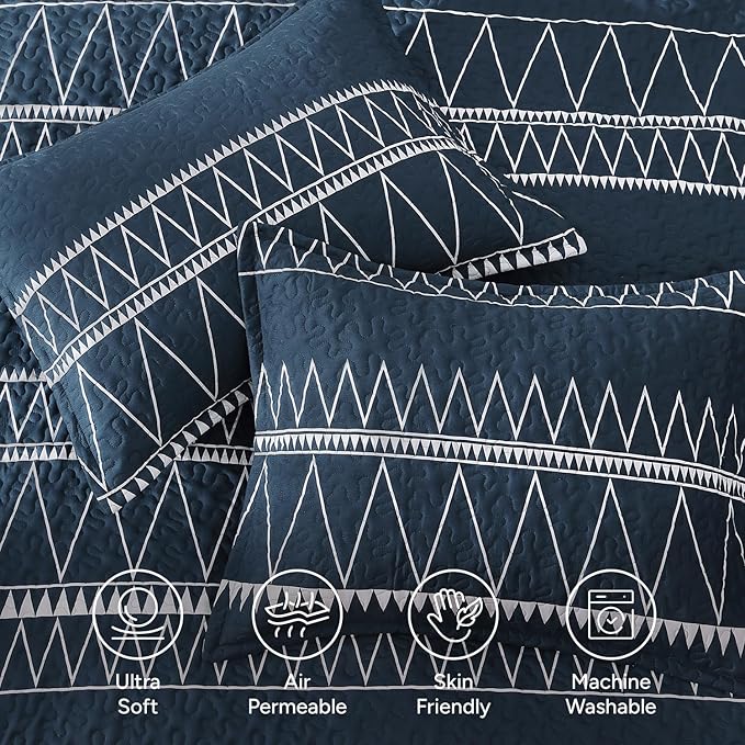 Andency Navy Oversized King Quilt Set, 3 Pieces Boho Lightweight Soft Striped - Image 5