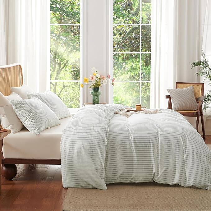 Nayoroom Striped Duvet Cover Queen Size 100% Washed Cotton White Green Stripe - Image 3