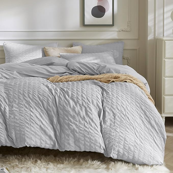 JELLYMONI Light Grey Duvet Cover Twin Size, Soft Breathable Seersucker Duvet by JELLYMONI