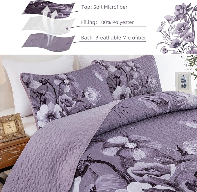 Floral Quilt Set King Size Bedding Set 3 Pieces Dark Purple Boho Floral Quilt - Image 7