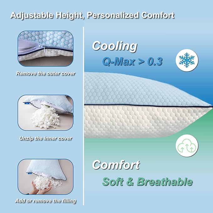 Cooling Pillow King Size Set of 2, Shredded Memory Foam Adjustable Loft - Image 6