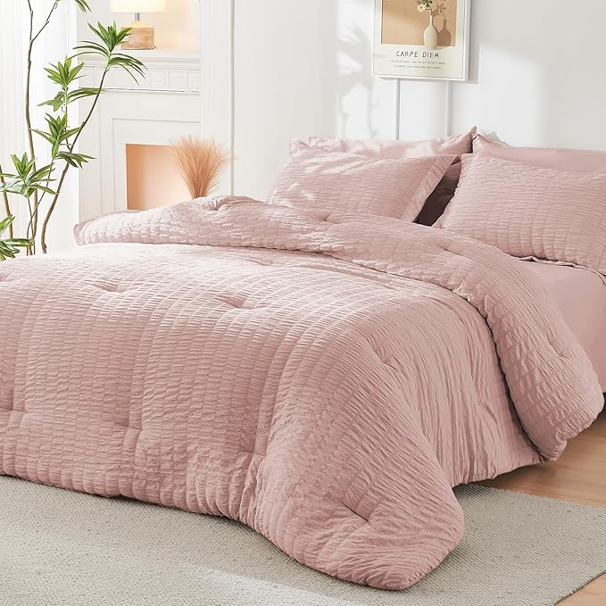HYMOKEGE Rose Gold Queen Comforter Set Seersucker 7 Pieces, All Season Luxury - Image 8