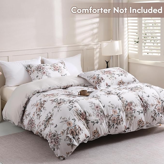 LONAVA King Floral 3 Pcs Duvet Cover Set, Breathable Soft Microfiber Light Grey - Image 2