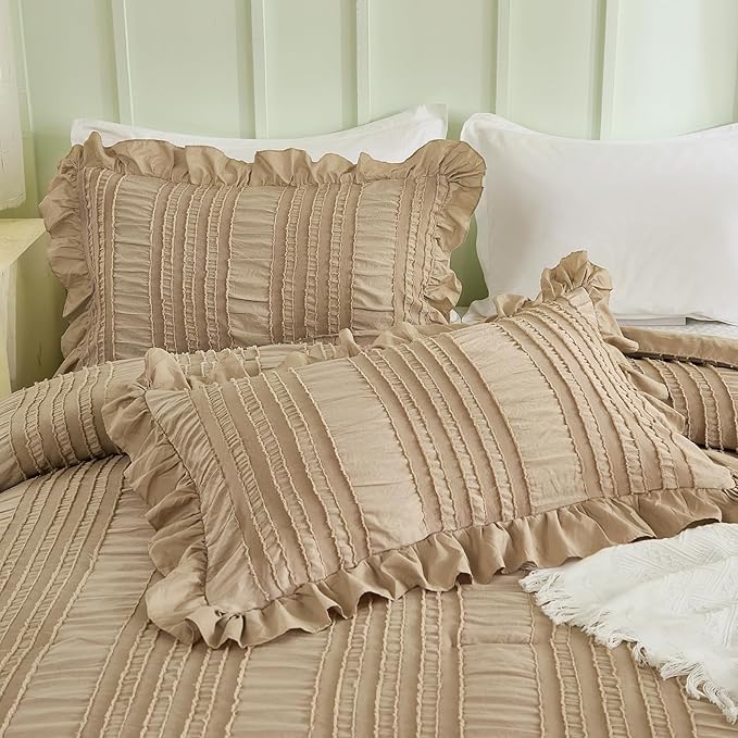 WONGS BEDDING Khaki Comforter Set Queen, 3 Pieces Ruffle Farmhouse Shabby Chic - Image 5